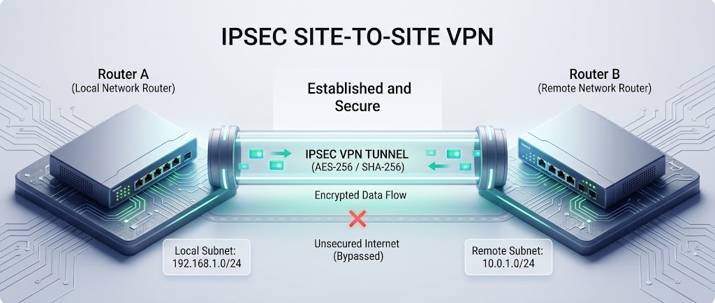 IPsec site-to-site VPN tunnel diagram between Router A and Router B, AES-256/SHA-256 encrypted, local subnet 192.168.1.0/24 to remote subnet 10.0.1.0/24