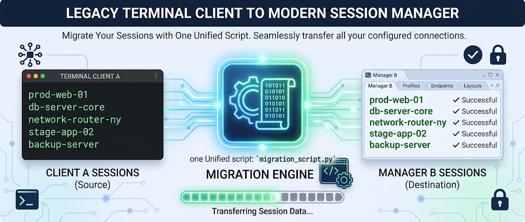 Legacy terminal client to modern session manager migration diagram